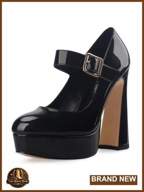Chunky Heel Mary Jane Pumps Closed Toe Platform Patent Block Heels 5 Inch